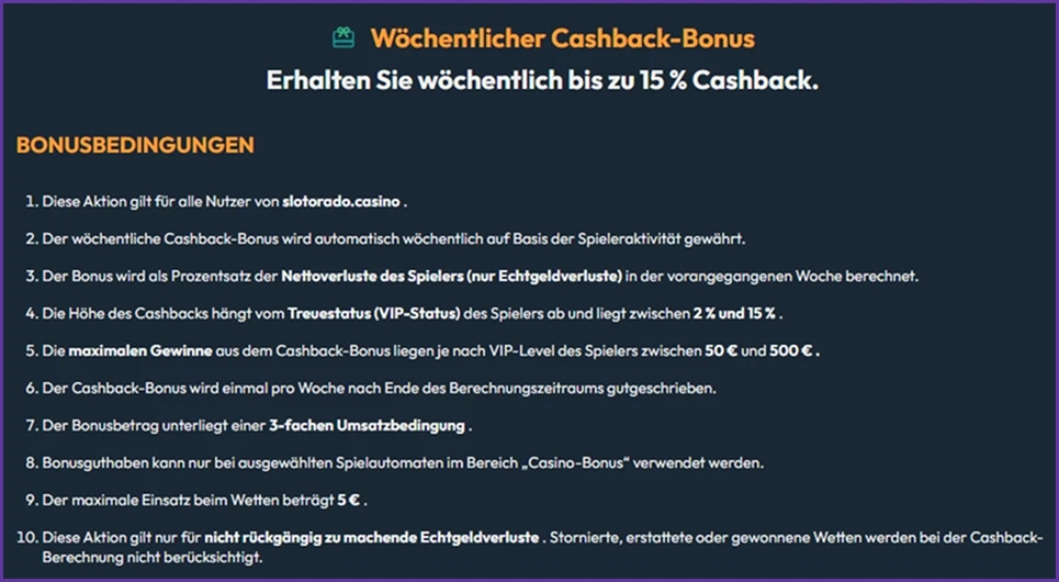 Wöchentlicher Cashback-Bonus im Slotorado Casino mit bis zu 15 % Cashback und Bonusbedingungen