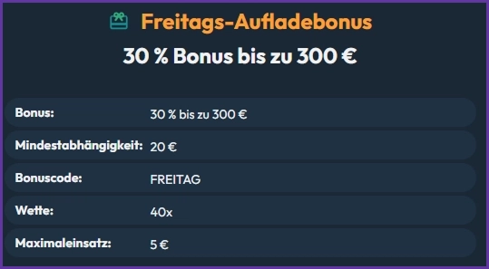 Freitags-Aufladebonus im Slotorado Casino mit 30 % Bonus bis zu 300 € und Bonusbedingungen