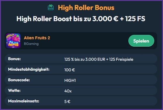 High Roller Bonus im Slotorado Casino mit bis zu 3.000 € Bonus und 125 Freispiele für Spieler