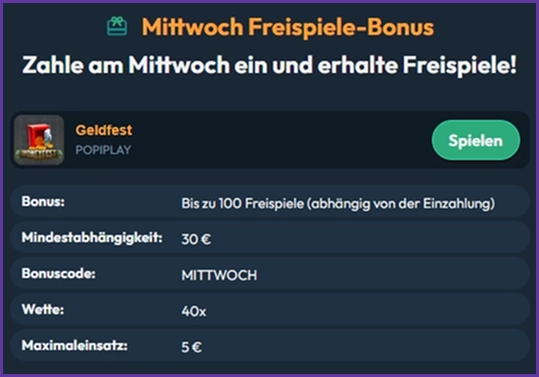 Mittwoch Freispiele-Bonus im Slotorado Casino mit bis zu 100 Freispiele und Bonusbedingungen