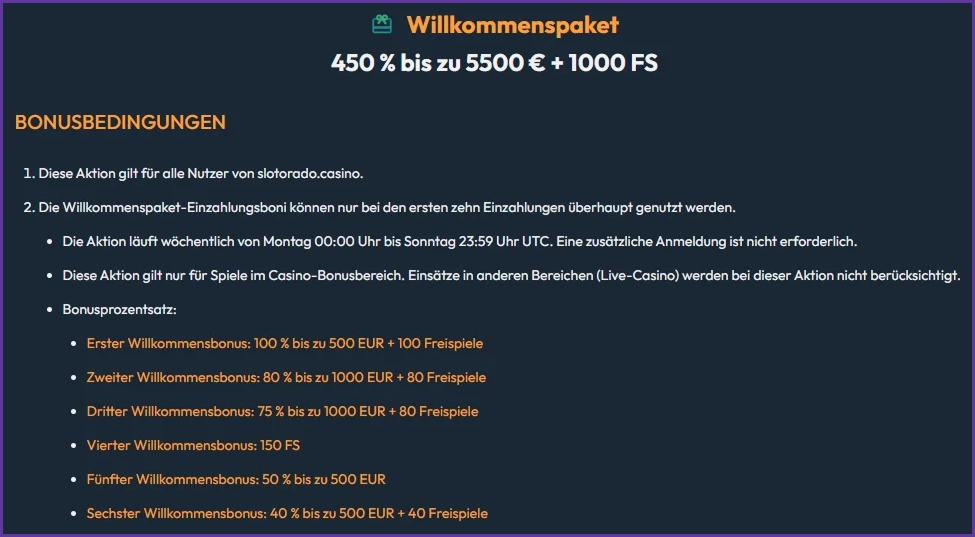 Willkommensbonus im Slotorado Casino mit Bonusbedingungen, bis zu 450 % Bonus und 1000 Freispiele