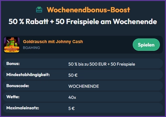Wochenendbonus-Boost im Slotorado Casino mit 50 % Bonus bis zu 500 € und 50 Freispiele