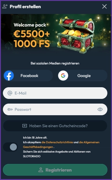 Registrierungsformular im Slotorado Casino zur Erstellung eines neuen Spielerkontos mit Willkommensbonus