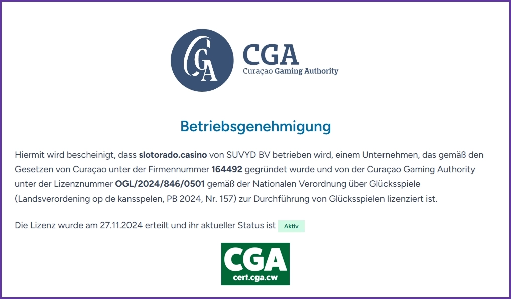 Lizenzbestätigung des Slotorado Casino durch die Curaçao Gaming Authority mit gültiger Glücksspiellizenz