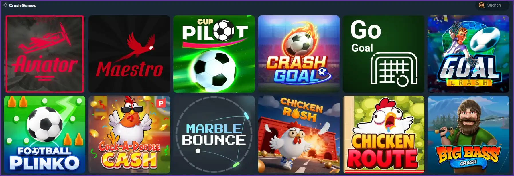 Auswahl an Crash Games im Slotorado Casino mit beliebten Spielen wie Aviator, Maestro und Cup Pilot