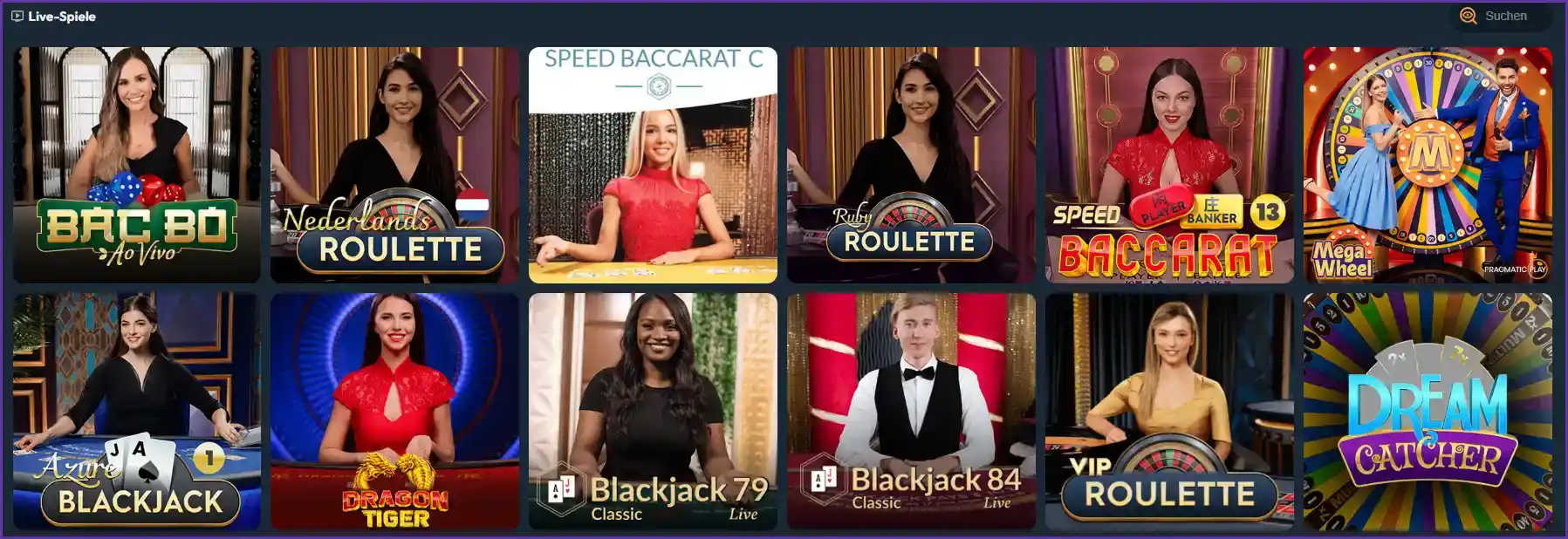 Auswahl an Live-Casino-Spielen im Slotorado Casino mit Roulette, Blackjack, Baccarat und weiteren Live-Spielen