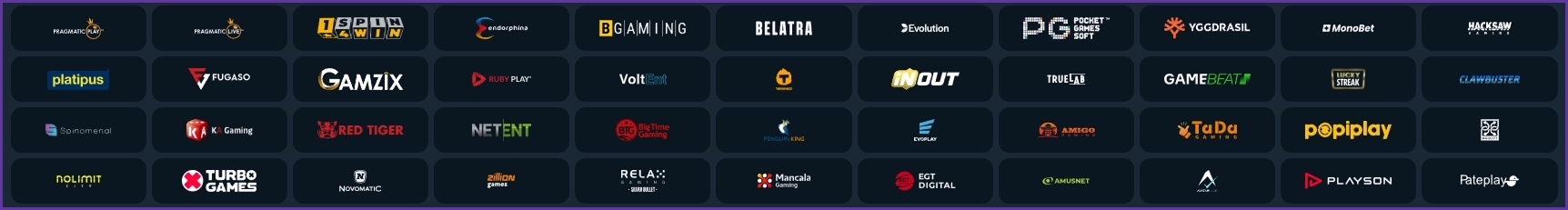 Übersicht der Spielanbieter im Slotorado Casino mit verschiedenen Software-Studios wie Pragmatic Play, Evolution und BGaming