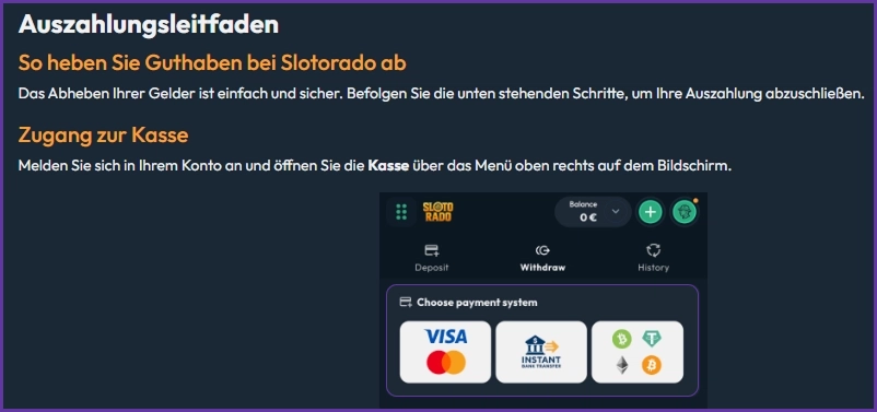 Auszahlungsbereich im Slotorado Casino mit verfügbaren Auszahlungsmethoden wie Kreditkarten, Banküberweisung und Kryptowährungen