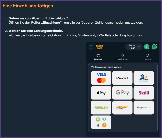 Einzahlungsbereich im Slotorado Casino mit verschiedenen Zahlungsmethoden wie Kreditkarten, E-Wallets und Kryptowährungen